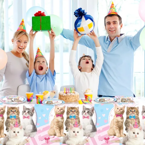 Miniatura 8 de Ryzovo Suministros para fiesta de cumpleaños de gato, 62 piezas de decoración de fiesta de gato y juego de vajilla - Decoración de fiesta