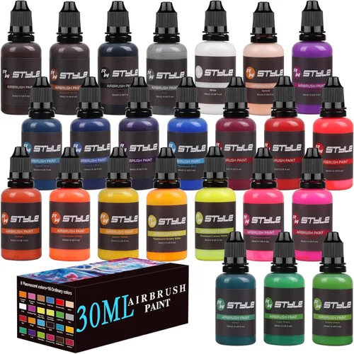 Pintura para aerógrafo, 24 colores, juego de pintura para aerógrafo de 1 onza líquida, colores opacos y brillantes, kit de pintura acrílica para