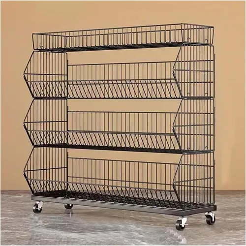 Soporte de alambre de metal para cesta de frutas y verduras, estante de exhibición de supermercado con ruedas, organizador de aperitivos para Negro