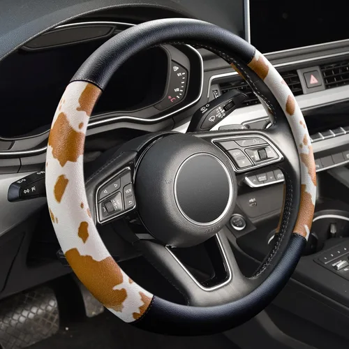 Miniatura 8 de ZHOL Funda para volante con estampado de vaca, cubierta de volante de automóvil en forma de D, piel de microfibra de 14 1/2-15 pulgadas