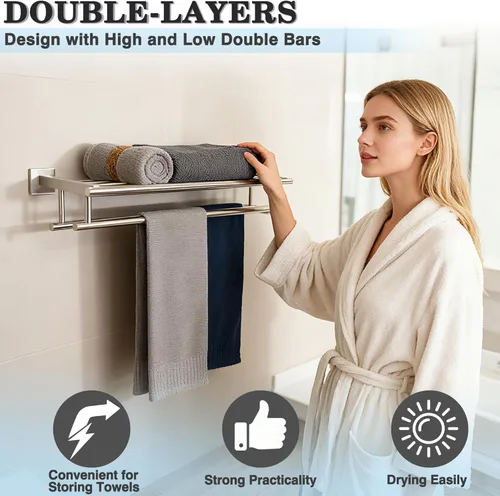 Miniatura 3 de Alise Toallero, Estante de Toallas con Barras Dobles para Lavabo de Baño, SUS 304 Acero Inoxidable de Montaje en Pared, 40.6 cm Níquel Cepillado