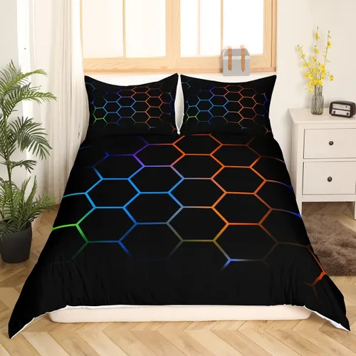 Miniatura 22 de Funda de edredón de panal para niños, hombres y niñas, juego de ropa de cama moderno con temática geométrica hexagonal, diseño de cuadrícula