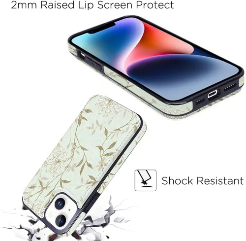 Miniatura 7 de uCOLOR Funda de piel con tapa para tarjetas compatible con iPhone 13 6.1, iPhone 14 6.1, mujeres y niñas con tarjetero y función atril