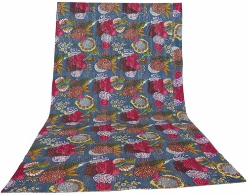 Miniatura 8 de Sophia-Art Colcha reversible de frutas indias para cama individual/king con patrón Gudri de algodón puro estilo Kantha, colcha decorativa con Rosa
