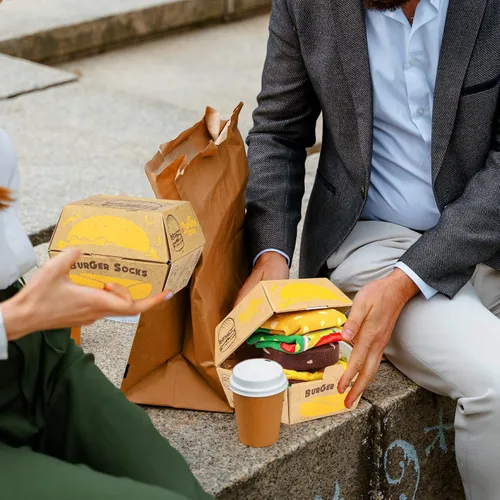 Miniatura 7 de AGRIMONY Divertidos calcetines con diseño de hamburguesa y hotdog con tacos y palomitas de maíz, calcetines de comida novedosos para cumpleaños