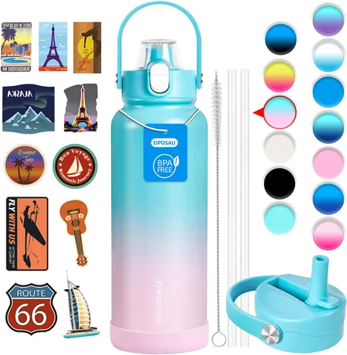 Miniatura 19 de Botella de agua aislada con tapa, bota y calcomanías, botella de acero inoxidable de 24 onzas, sin sudor, mantiene el frío las 24 horas, botella