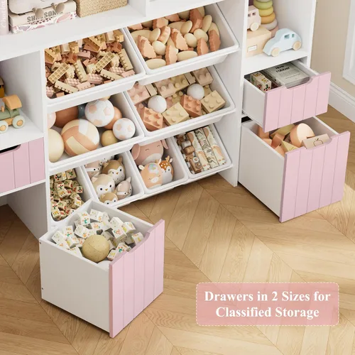 Miniatura 5 de HORSTORS Organizador de almacenamiento de juguetes de 55 pulgadas de ancho con cajones, caja grande de almacenamiento de juguetes para niños con Rosa