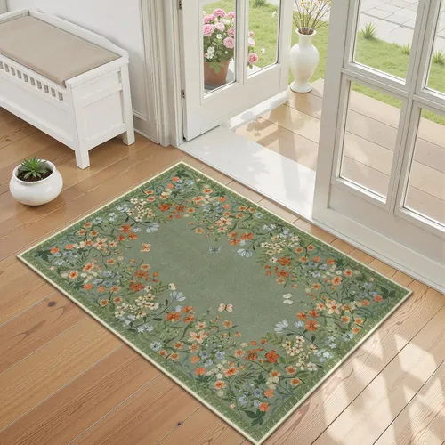 Wonnitar Alfombra de área lavable de 2 x 3, alfombra de entrada floral verde, alfombra bohemia pequeña antideslizante para baño, alfombra suave para