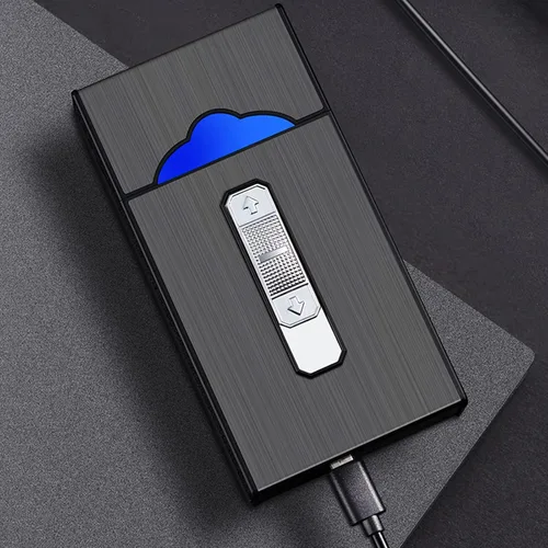 Miniatura 5 de Caja de cigarrillos de aluminio con encendedor eléctrico, encendedor USB recargable, regalo para mujeres, hombres, padre, madre (negro)
