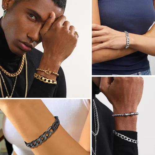 Miniatura 6 de PROSTEEL Pulsera de eslabones cubanos para hombre, negrooro de 18 quilates, acero inoxidable 316L, joyería de hip hop, ancho 0.236 in0.354 in0.512