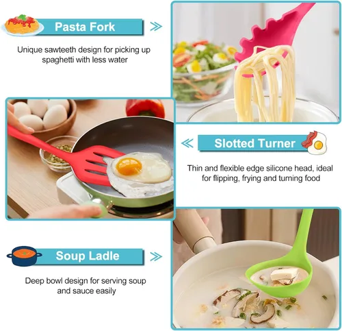 Miniatura 5 de TeamFar Utensilios de cocina de silicona, juego de utensilios de cocina de 7 piezas con cuchara giratoria, espátula cucharón, perfecto para hornear