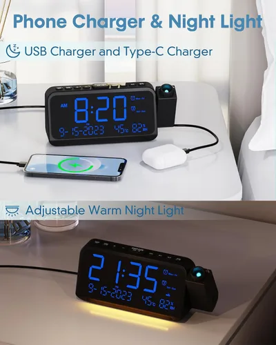 Miniatura 6 de Roxicosly - Despertador de proyección para techo de dormitorio, 118 dB súper fuerte para personas que duermen mucho, pantalla digital grande de 6.7