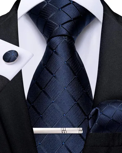 Miniatura 2 de DiBanGu Corbata de seda a cuadros para hombre corbata y bolsillo juego de gemelos cuadrados de corbata para boda negocios