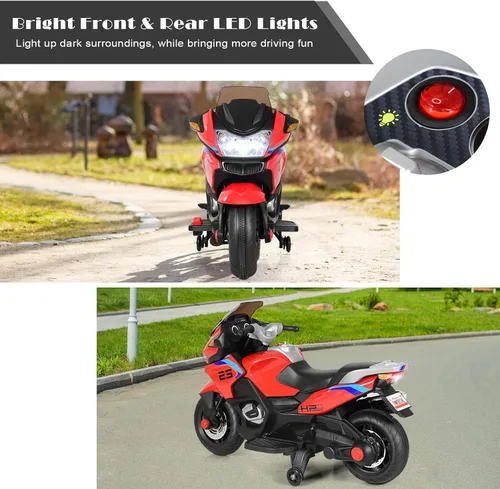 Miniatura 8 de Costzon Motocicleta de Montar para Niños, Motocicleta Eléctrica de Batería de 12V con Ruedas de Entrenamiento, Luces LED, Música, Pedal, Rojo