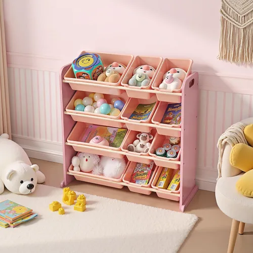 Miniatura 10 de VECELO Organizador de almacenamiento de juguetes para niños de gran capacidad con 12 contenedores - Estante de madera para juguetes para niños Rosa