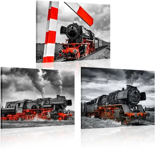 iKNOW FOTO 3 piezas de lienzo de arte para la pared, póster de tren de locomotora de vapor negro y rojo, diseño vintage antiguo de motor de vapor,