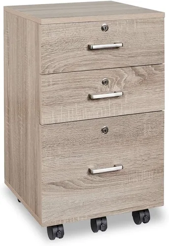 Miniatura 7 de Bonnlo - Archivador de madera con 3 cajones, cerradura y ruedecillas, en roble