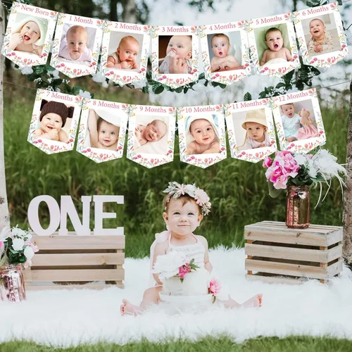 Miniatura 6 de Cartel de fotos de primer cumpleaños con tema de flores silvestres de recién nacido a 12 meses para niñas, registro de crecimiento mensual de hitos