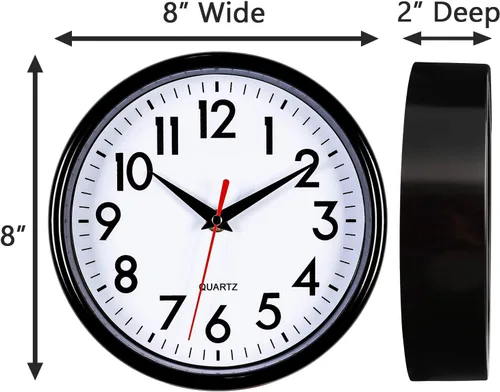 Miniatura 6 de Bernhard Products Reloj de pared con batería de cuarzo de 10", redondo, fácil de leer, para el hogar, la oficina o la escuela, negro, 8 pulgadas