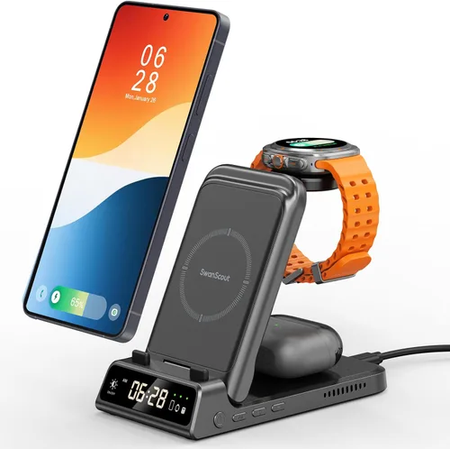 Estación de carga para Samsung, SwanScout 703S, cargador inalámbrico para Galaxy S25 Ultra/S25+/S25/S25 Edge/S24 Ultra/S24+/S24/S23, Galaxy Watch