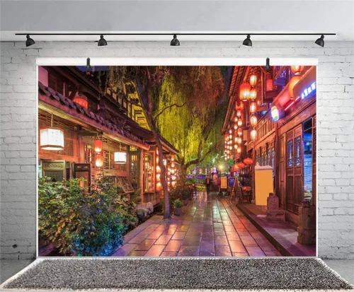 Miniatura 3 de Yeele Telón de fondo de estilo chino de 10 x 8 pies, vista nocturna de la ciudad antigua, fondo de linterna de callejón antiguo para fotografía