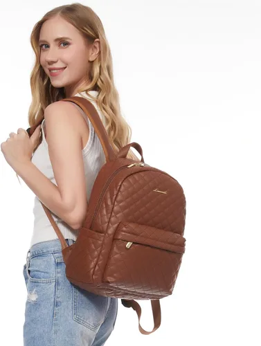 Miniatura 2 de LOVEVOOK Mochila pequeña acolchada para mujer, mochila de cuero, impermeable, para viajes de trabajo, Marrón, Compacto