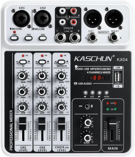 Mezclador profesional de audio DJ de 4 canales, tablero de sonido Bluetooth con entrada USB MP3 y alimentación fantasma de 48 V para karaoke,