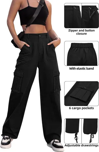 Miniatura 5 de Zmpsiisa Pantalones cargo de cintura alta, para mujer, pantalones informales de pierna ancha, 6 bolsillos, pantalones militares de combate
