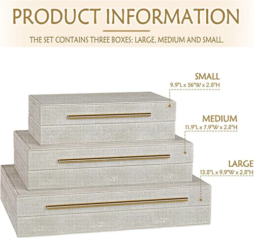 Miniatura 2 de Juego elegante de 3 cajas decorativas de marfil con forro de terciopelo y asas doradas de Shagreen - Organizador versátil para joyas y decoración