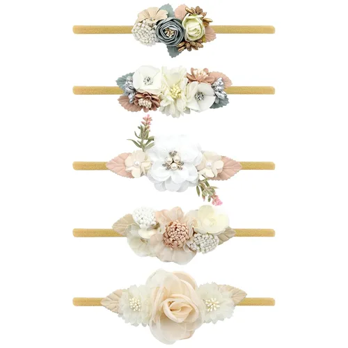 Miniatura 11 de Cinaci Paquete de 5 diademas delicadas de nailon con flores florales, accesorios para el cabello para bebés, niñas, recién nacidos, bebés y niños