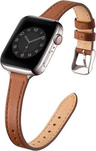 Miniatura 23 de STIROLL - Correa delgada de cuero para reloj inteligente, compatible con Apple Watch de 38, 40, 41, 42, 44, 45 y 49 mm, correa de cuero de grano