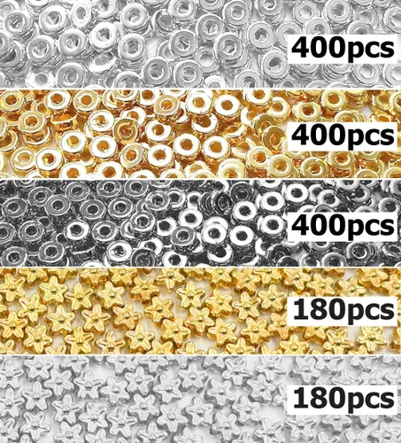 Miniatura 7 de Cuentas espaciadoras planas redondas de 6mm, 1560 piezas (360 flores), Oro, Plata, Negro, en forma de flor, Plástico (recubierto de cobre)