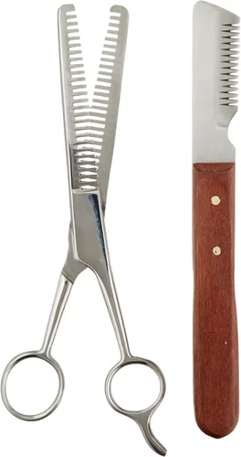 TAMSCO Kit de recorte, juego de 2 unidades, funda de cuero, tijeras de adelgazamiento de doble diente, cuchillo pelador mediano, ideal para