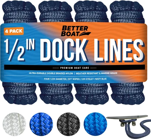 Miniatura 25 de Líneas de muelle para barcos de 1/2 pulgada x 25 pies, paquete de 2 cuerdas de nailon trenzado doble con bucle de 12 pulgadas, línea de amarre