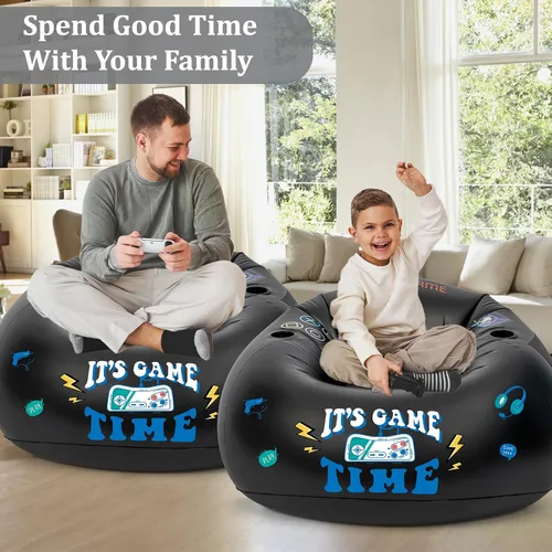Miniatura 6 de Silla inflable para juegos para niños, puf de piso para adolescentes, muebles de habitación de niños con portavasos y bolsillo lateral, sofá