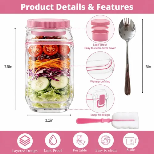 Miniatura 4 de Recipiente de ensalada con apertura lateral para oficina, viajes, gimnasio y picnic con aderezo y tapa, recipiente de ensalada a prueba de fugas