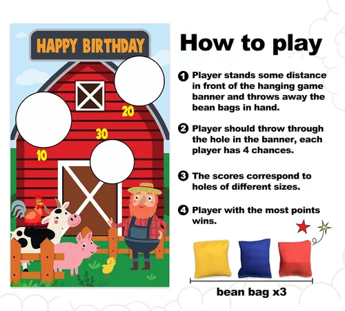Miniatura 4 de Cartel de juegos de lanzamiento de animales de granero rojo con temática de vaca, cerdo, pollo, decoración para fiesta de cumpleaños de niños