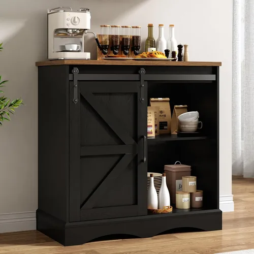 HOMFAMILIA Gabinete de barra de café de 31.5 pulgadas de alto con almacenamiento, estación de café de cocina blanca con puerta corrediza de granero,