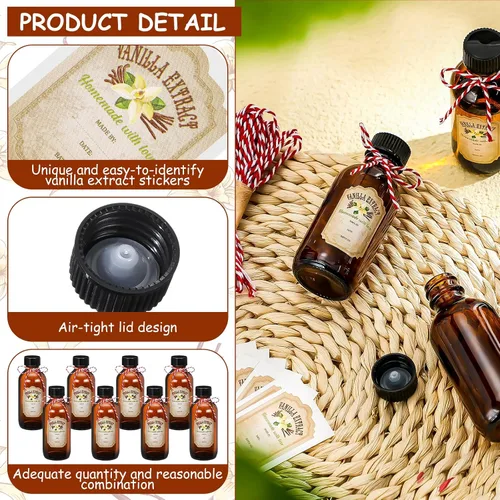 Miniatura 3 de Uiifan Paquete de 12 Botellas de Vidrio Ámbar Redondas Boston con Tapas Frascos Marrones de Extracto de Vainilla y 12 Piezas de Etiquetas