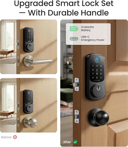 Miniatura 2 de DESLOC Cerradura inteligente de huellas dactilares B200 con 2 perillas, juego de cerradura de puerta delantera sin llave, cerrojo de seguridad