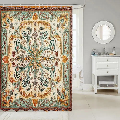 Miniatura 2 de Cortina de ducha verde naranja quemado, cortina de ducha de tela floral bohemia bohemia bohemia para niños y mujeres, cortinas de baño impermeables