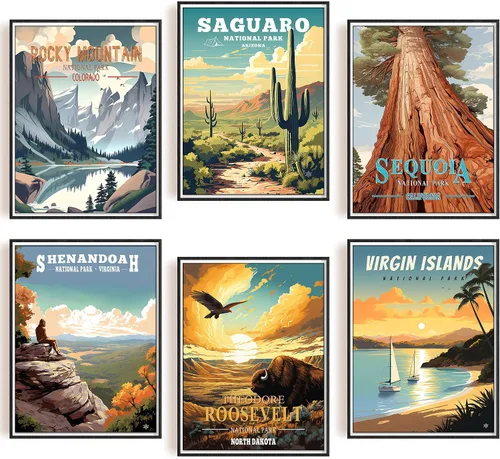 Miniatura 7 de SHOXREM Arte abstracto para pared del parque nacional: juego de 6 carteles de viaje para celebrar la decoración de pared de montaña, 8 pulgadas