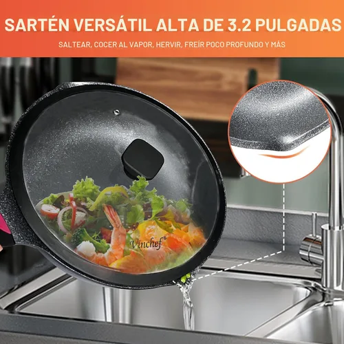 Miniatura 8 de Vinchef Nueva actualización de mango 11 Pulg/5Qt Sartén antiadherente de aluminio para freír en profundidad con tapa e indicador de calor, sartén