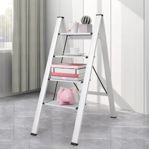 Miniatura 4 de Hershii Escalera plegable de aluminio para el hogar, ahorro de espacio, estante de almacenamiento con pedal ancho para el hogar, cocina, oficina, 4