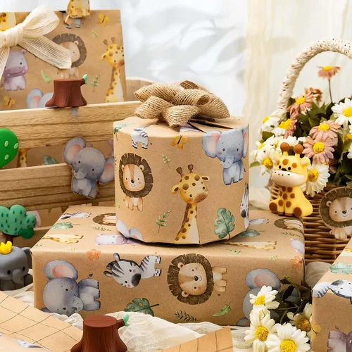 Miniatura 3 de Burymento Papel de Regalo Kraft para Animales, Papel de Regalo con Diseño de Línea Auxiliar Cortada para Baby Shower, Cumpleaños, San Valentín, Día