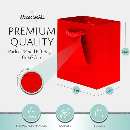 OccasionALL Pequeñas bolsas de regalo rojas con asas, pequeñas bolsas de regalo de papel para recuerdos de fiesta, bodas, cumpleaños y uso