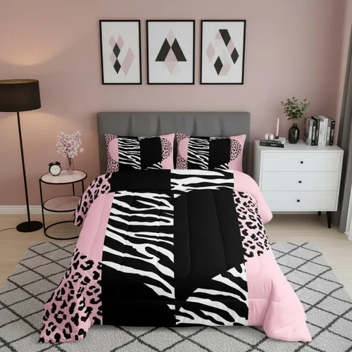 Castle Fairy Juego de edredón con estampado de leopardo rosa y negro, juego de colcha de retazos de piel de cebra, tamaño King, para niños, niñas,