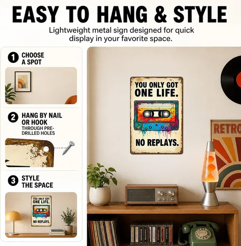 Miniatura 5 de Funnysign Gran regalo para fanáticos de la música, You Only Got One Life No Replays - Cartel de lata de música vintage para dormitorio, estudio, 8 x