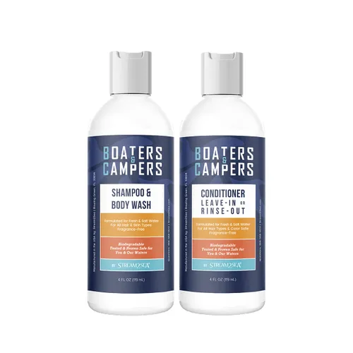 STREAM 2 SEA Boaters and Campers - Juego de champú y acondicionador para el cabello, 4 onzas, seguro para arrecifes, sin fragancia, champú y
