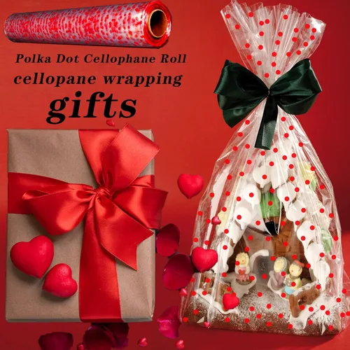 Miniatura 3 de CMFYHM Rollo de Envoltorio de Celofán Transparente (34" x 120 Pies) 3Mil Celofán de Lunares Rojos, Rollo de Envoltorio de Celofán para Regalos